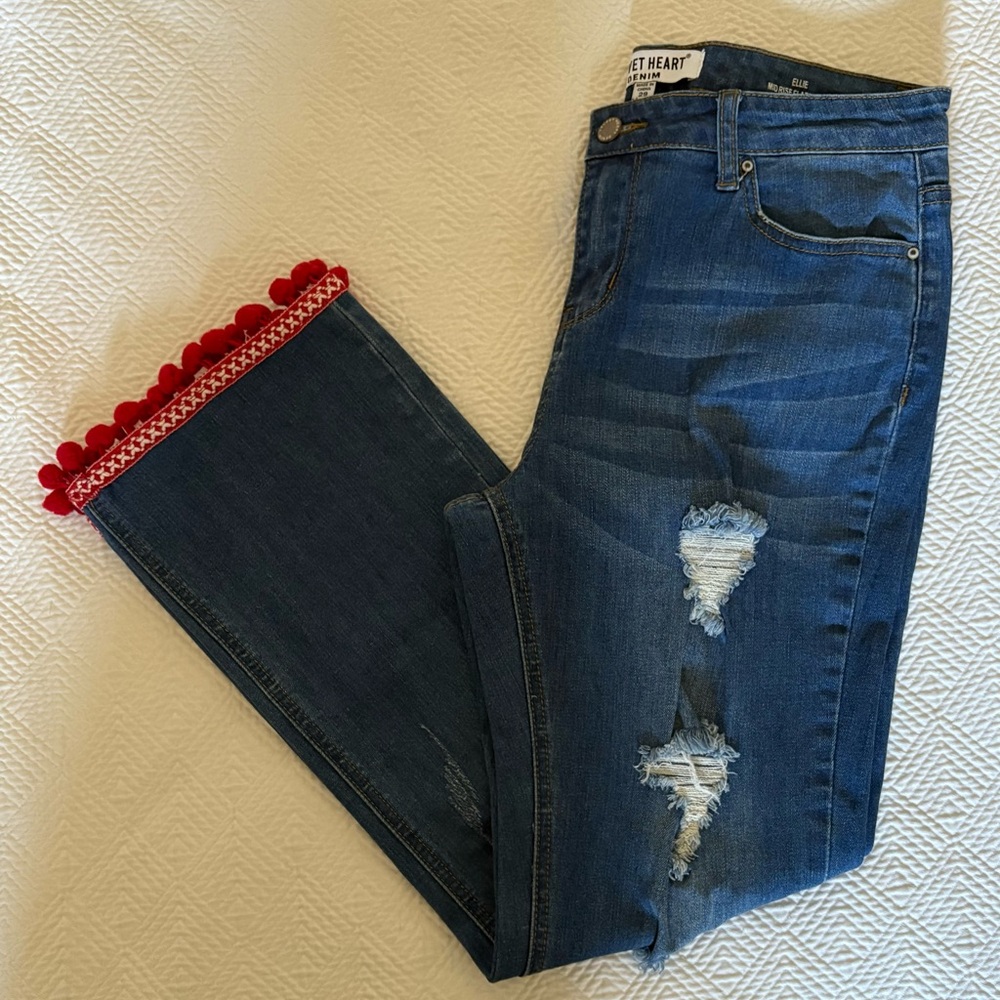 Velvet Heart Blue and Red Ankle Cropped Jeans with Two-Tone Design